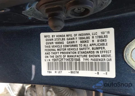 2017 Honda Civic Ex z USA, uszkodzony, nr VIN 19XFC2F71HE201846